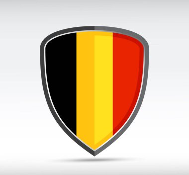Gri arka planda Belçika bayrağı olan bir kalkan ikonu. Vektör illüstrasyonu.