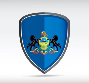 Gri arka planda Pennsylvania Eyalet Bayrağı olan bir kalkan ikonu. Vektör illüstrasyonu.