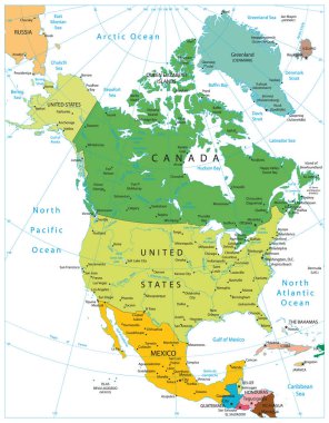 Kuzey Amerika Siyasi Haritası beyaza izole edildi. Çok detaylı bir harita. Tüm elementler düzenlenebilir katmanlarda açıkça etiketlenmiş olarak ayrılır. Vektör