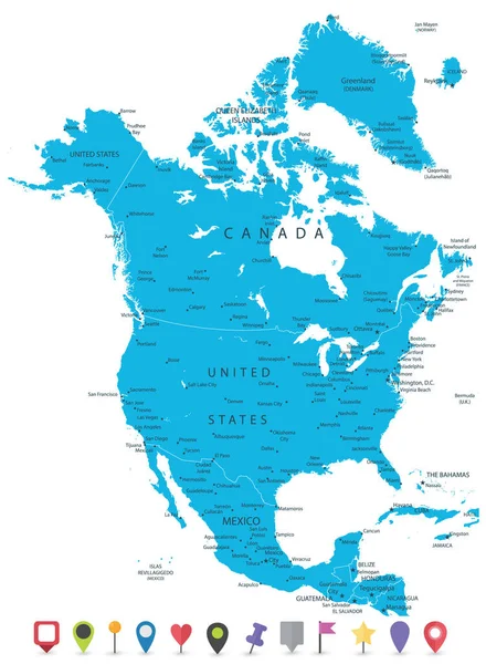 北美地图和平面地图图标孤立在白色 非常详细的地图所有元素都在可编辑的层中分离 并有明确的标签 — 图库矢量图片