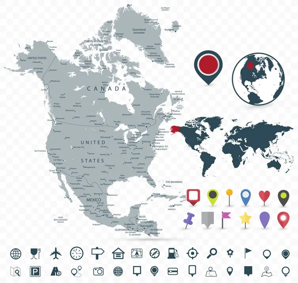 Mapa Ameryki Północnej Mapa Świata Odizolowane Przejrzystym Tle Bardzo Szczegółowa — Wektor stockowy