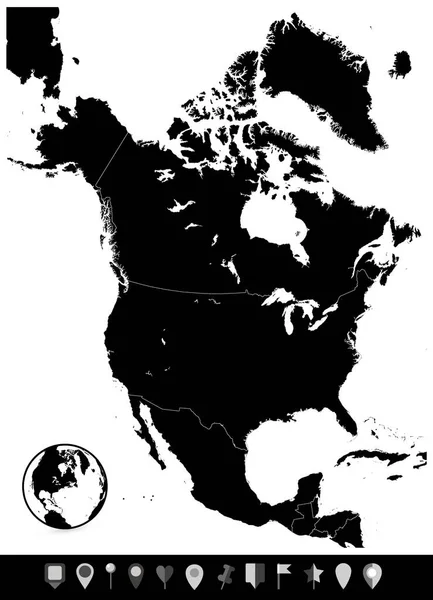 Noord Amerika Zwarte Kaart Plattegrond Aanwijzingen Geen Sms Zeer Gedetailleerde — Stockvector