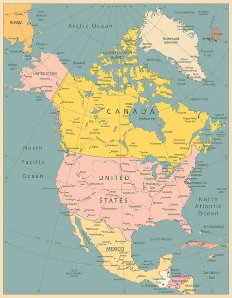 América Del Norte Mapa Político Vintage Colors Mapa Altamente Detallado — Archivo Imágenes Vectoriales