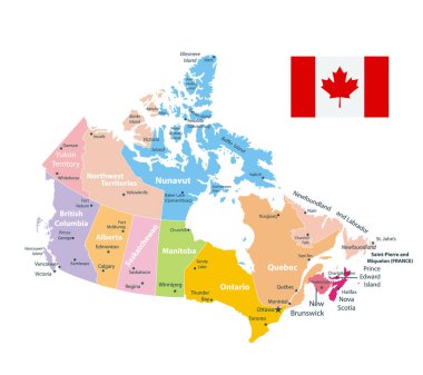 Canada Map Cutout On White and Canada Flag. Regions and provinces. Highly detailed vector illustration.