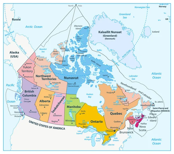 Mapa Político Canadá Regiones Provincias Ilustración Vectorial Altamente Detallada — Vector de stock