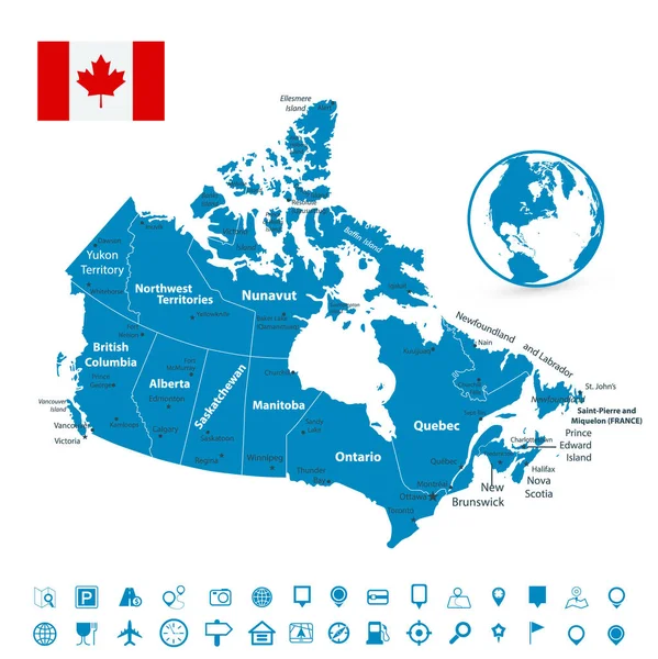 Canadá Mapa Navegação Mapa Ícones Mapa Altamente Detalhado — Vetor de Stock