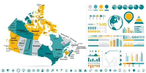 Canada Map Elementos Diseño Infografías Plantilla Negocio Estilo Plano Para — Vector de stock