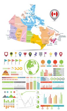 Kanada haritası ve Infographic tasarım elementleri. Renkli tasarım. Sunum, kitapçık, web sitesi ve diğer yaratıcı projeler için düz bir iş şablonu.