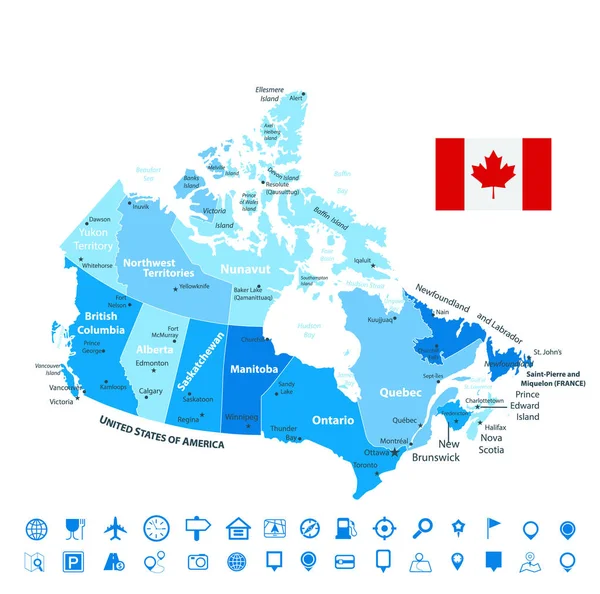 Kanada Modrá Mapa Navigace Ikony Vektorové Ilustrace Regiony Provincie — Stockový vektor