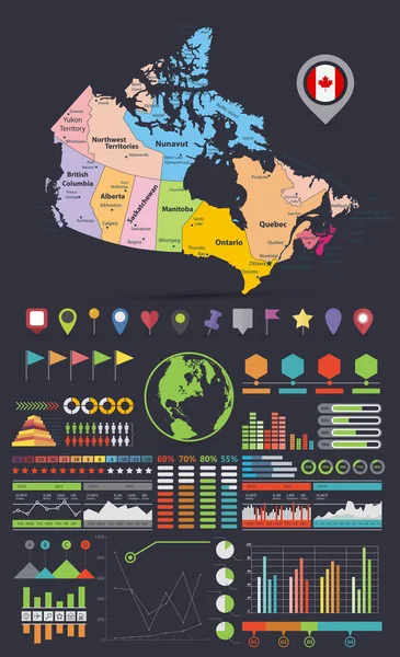 Canada Map Infographics Design Elements Fondo Oscuro Plantilla Negocio Estilo — Vector de stock