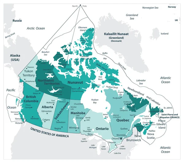 Canadá Mapa Teal Colors Regiões Províncias Ilustração Vetorial Altamente Detalhada — Vetor de Stock