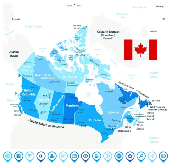 Canada Map Blue Colores Iconos Regiones Provincias — Vector de stock