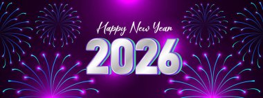 Neon Purple Havai fişekleri Mutlu yıllar 2026 Bayrağı