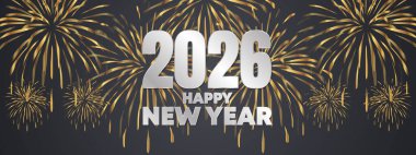 Altın Havai fişekler Beyaz 2026 Mutlu Yıllar Bayrağı