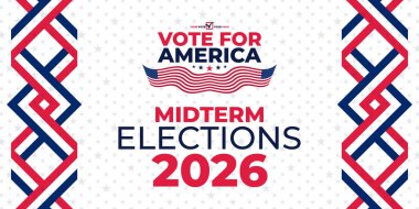 Politik kampanyalar ve promosyon materyalleri için ideal tipografi 2026 Amerika 'ya kurdele desenli, yıldızlar, çizgiler ve cesur oylarla vatansever vizeler..