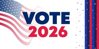 Cesur 2026 tipografi, temiz çizgiler ve politik kampanyalar ve seçim pazarlamaları için ideal vatansever renk düzeni ile Amerikan bayrağı tasarımı sallamak.