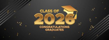 Altın tipografi ve köşegen çizgili arka plan elementlerinin yer aldığı 2026 mezuniyet afişi.