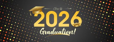 Koyu renkli 2026 mezuniyet pankartı. Parlak altın tipografi ve şenlikli ışıltılar.
