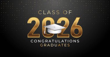 Parlak aksanlı gümüş mezuniyet şapkası ve 2026 yılı afişi.