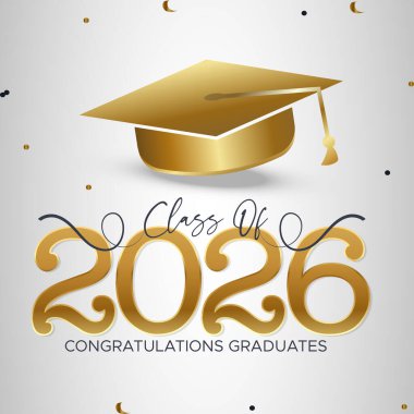 2026 sınıfı için havan topu şapkası içeren zarif mezuniyet tasarımı.