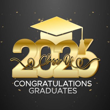 2026 mezuniyet kutlamaları için kep ve altın unsurlar içeren birinci sınıf bir illüstrasyon.