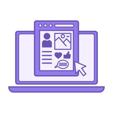 Renkli Sosyal Medya Simgesi. Vektör İllüstrasyonu. Laptop, Sosyal Medya Kullanıcı Sayfası ve Bilgisayar Fare İmleci. Çevrimiçi İçerik Paylaşımı Platformları. Geribildirim Kavramı