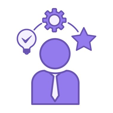 Renkli Deneyim Simgesi. Vektör İllüstrasyonu. İş adamı, ampul, dişli ve yıldız. Bilgi, Beceriler, Yetenekler. Geribildirim Bildirimi