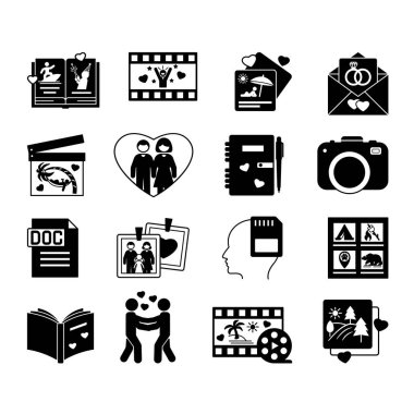 Siyah Anı Aşk Simgeleri. Vector Illustrations: Book Story, Reels Media, Pictures, Camera, Romantik Film, Anılar, Hafıza, İlişkiler, Düğün Duyuru, Storyboard ve Daha fazlası