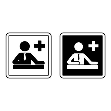 Yönetim İşaretleri. Siyah ve Beyaz Vektör Simgeleri. Masada oturan kravatlı adam. Klinik Operasyonlardan Sorumlu Uzmanlar. Hastane departmanına imza atın.