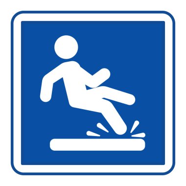 Mavi Islak Yer İşareti. Vektör Simgesi. Kaygan bir zemine düşen bir kişi. Ziyaretçiler için uyarı. Hastane Departmanı İmzası