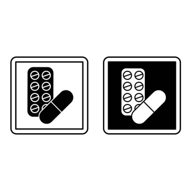 Eczane işaretleri. Siyah ve Beyaz Vektör Simgeleri. Haplar ve ilaçlar. Hastane Departmanı İmzası