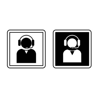 Bilgi İşaretleri Siyah ve Beyaz Vektör Simgeleri. Kulaklık ve mikrofon takan kişi. Resepsiyona, yardım hattına, hasta yardımına yardım edin. Hastane Departmanı İmzası