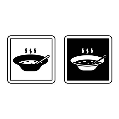 Kafeterya İşaretleri. Siyah ve Beyaz Vektör Simgeleri. Bir kase sıcak çorba. self-servis restoranı, yeme yeri. Hastane Bölümü Sig