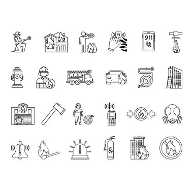 İtfaiyeci Simgeleri Hattı. Vektör İllüstrasyonları: Yangın, Alarm, İtfaiyeci, Yangın Fıskiyesi, Hortum, İtfaiye Aracı, 911 Çağrı, Radyo, Yangın söndürücü, Kibrit ve Mor