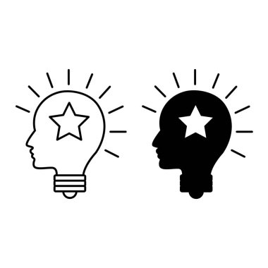 Potansiyel Simgeler. Glyph ve Çizgi Vektörü Resimleri. Parlayan Ampul ve Yıldız Şeklinde İnsan Başı. Hedeflere Ulaşmak İçin Fırsat ve Yetenek. Başarı Konsepti