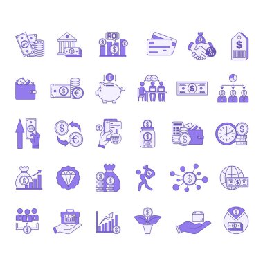 Renkli Dolar Simgesi Seti. Vektör İllüstrasyonları: Para, Banknote, Cüzdan, Kâr, Banka, Yatırım, Gelir, Fiyat, Para Takası, Piggy Bank, Bütçe, İş, Komisyon, Yatırımın Dönüşü ve Daha Fazla