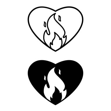 Tutku Simgeleri. Line ve Glyph Vektör Simgeleri. Kalbin İçindeki Ateş. Güçlü İfade Duygu, Aşırı Tutku