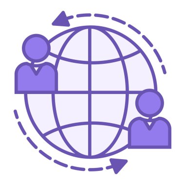 Renkli Küresel Hareket Simgesi. Vektör İllüstrasyonu. Dünya gezegeni, insanlar ve oklar. Ortak Amaçlı Dünyanın Çevresindeki Eylemciler. Göç Kavramı