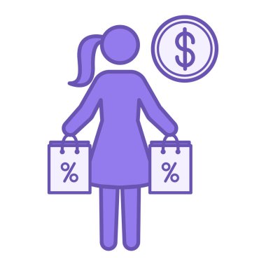 Renkli Alışveriş Simgesi. Vektör Simgesi. Kadın Alışveriş Torbası ve Dolar Tabelası. İndirim, Mağaza, Satış. Fiyat Kavramı