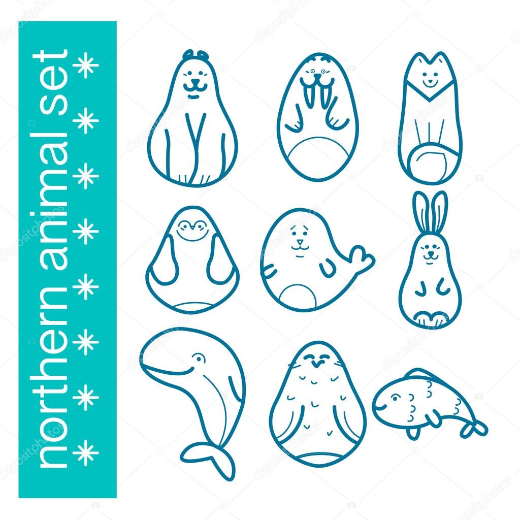 Vector Northern animal set isolated on white background. Flat simple pengiun, seal, whale, fish, polar bear, walrus, arctic hare, arctic fox, snowy owl silhouette.