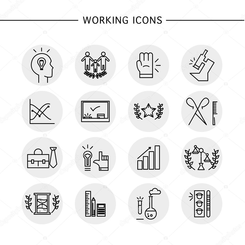 Vector working icons set isolated on white background. Flat working icon, logo, insignia, symbol, brand, label, badge. Simple artistic icons for work, company group, banking, lawyer firm, education.