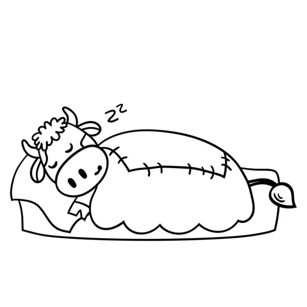 Coloring Page Cute Cartoon Bull Sleeping Bed Symbol Year 2021 — Stock Vector