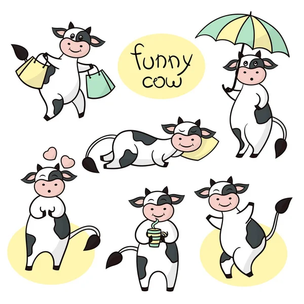 Vector Set Mit Lustigen Cartoon Süße Schwarz Weiße Kühe Symbol — Stockvektor