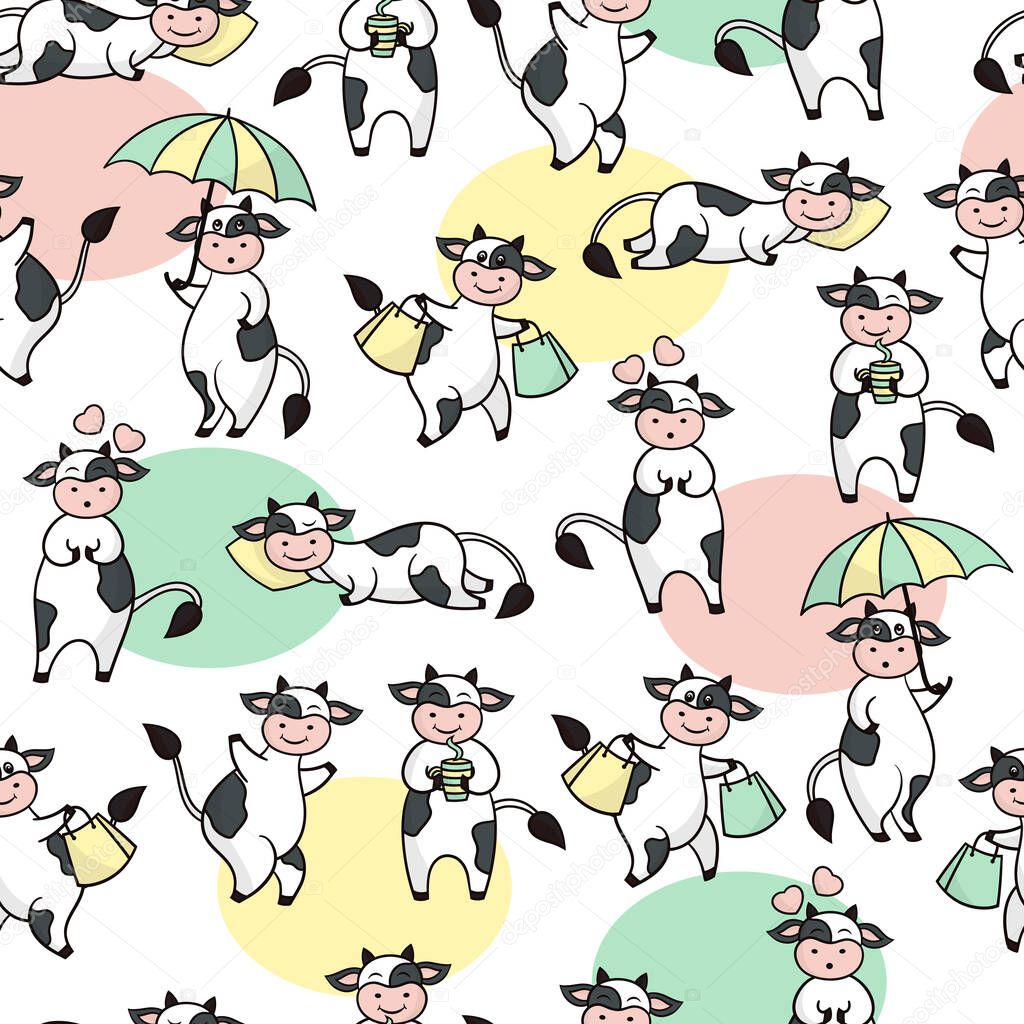 Vector seamless pattern with funny cartoon cute black and white cows. Symbol of the year 2021. For the design of greeting cards, covers, packaging, textile prints