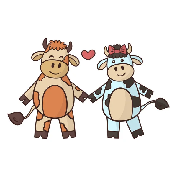 Cartoon Couple Love Bull Cow Holding Hands Symbol Year 2021 — Stock Vector