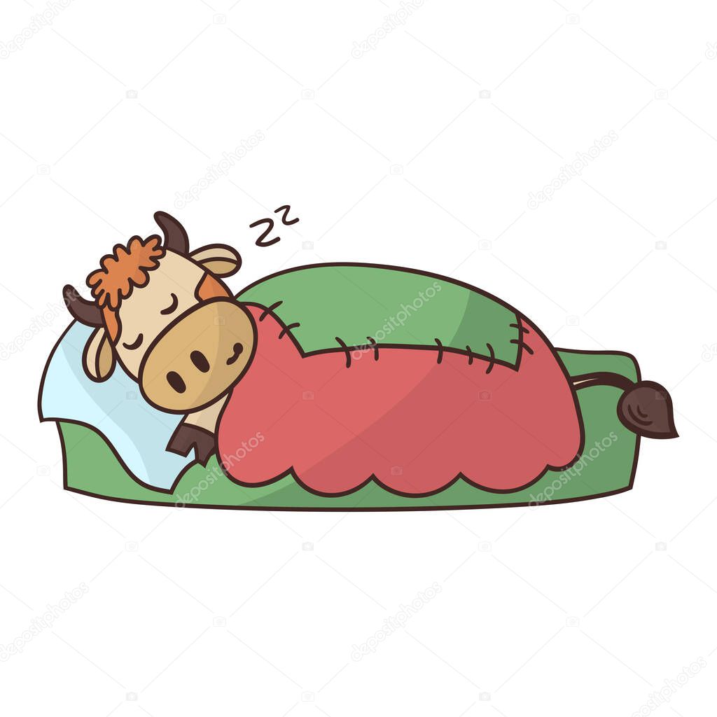 Cartoon cute bull is sleeping sweetly in bed under a warm blanket. Symbol of the year 2021. Vector illustration