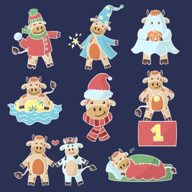 Yeni yılın sembolü olan çok renkli bir set. Koyu mavi arka planda şirin bir çizgi film boğası.