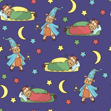 Uyuyan boğa, büyücü, ay ve yıldızların mor arka planda olduğu kusursuz bir çizgi film.