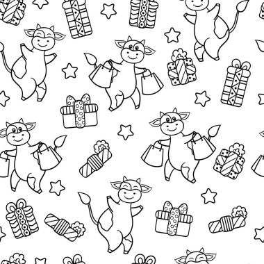 İnekler, boğalar ve hediyeler, çocuklar ve yetişkinler için renklendirme sayfası.