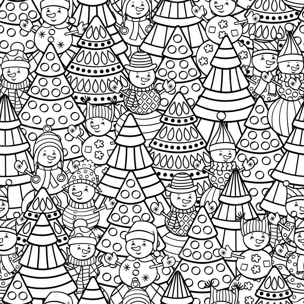 Vector seamless pattern with Christmas trees, snowmen, coloring page for kids and adults